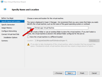 VM Wizard with an arrow pointing to the virtual machine name and the Next button is highlighted in the bottom middle.